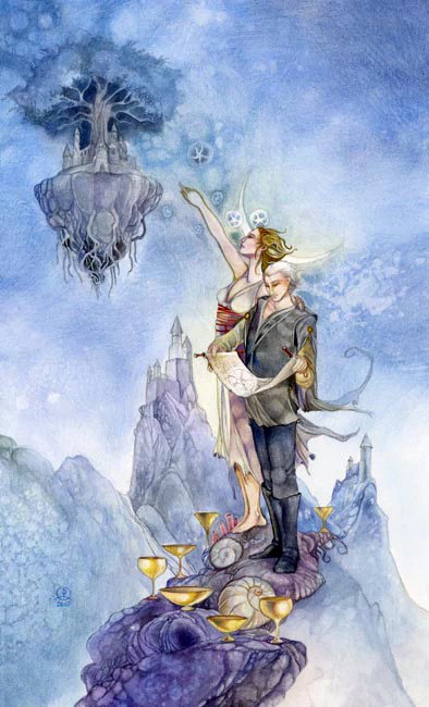 A whimsical watercolor illustration featuring two figures on a rocky path, surrounded by tarot cards and symbolic elements, set against a dreamy blue background.