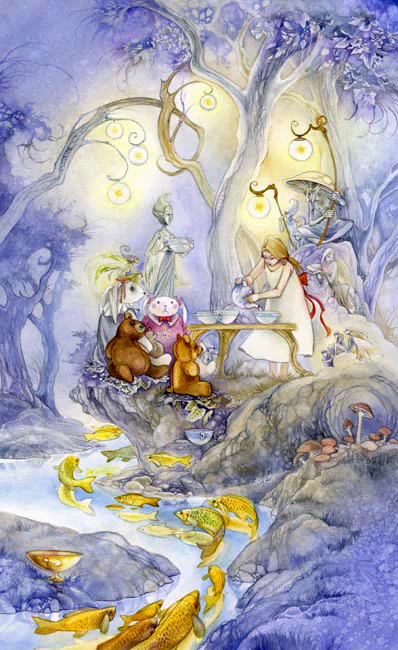 A whimsical watercolor scene featuring a child with teddy bears and tarot cards, set in an enchanting forest with mystical creatures and glowing lights.