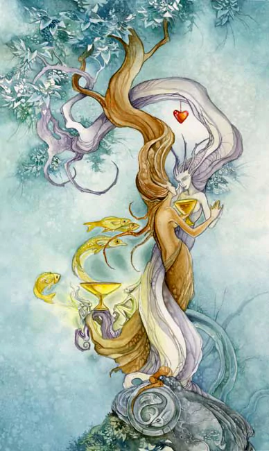 A mystical watercolor illustration of entwined figures and a tree, featuring tarot elements, goldfish, and a heart, conveying a sense of connection and spiritual exploration.