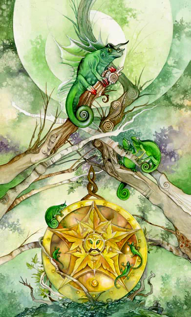 A vibrant watercolor illustration featuring tarot cards, depicting green seahorses and chameleons among trees, with a prominent sun symbol at the center, radiating mystical energy.