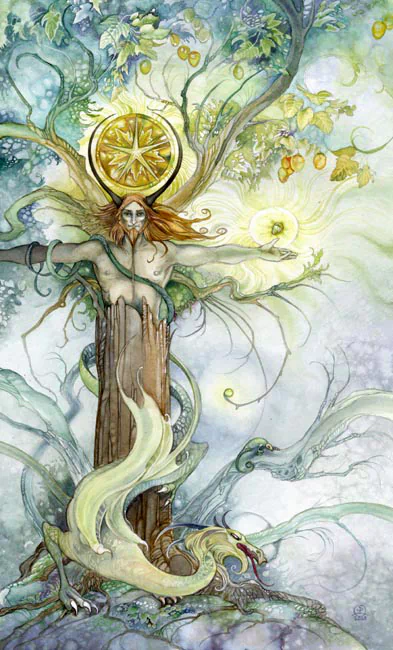 A mystical figure emerges from a vibrant watercolor background, surrounded by nature, symbolizing tarot themes with elegant swirls and a captivating pentacle.