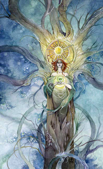 A watercolor illustration of a mystical figure with flowing hair, surrounded by tree branches and glowing elements, embodying themes found in tarot card artistry.