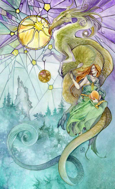 A watercolor illustration depicts a dragon entwined with a woman holding tarot cards, set against a backdrop of stained glass and mystical forest elements.