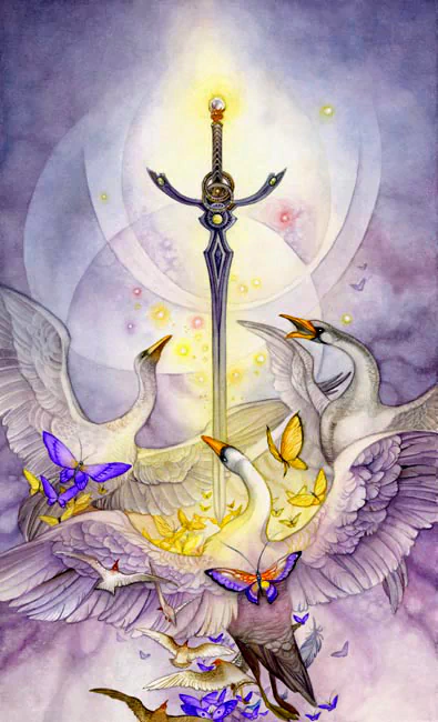 A vibrant watercolor depiction of tarot cards features swans and butterflies surrounding a glowing sword, blending elements of nature and mysticism in an artistic composition.