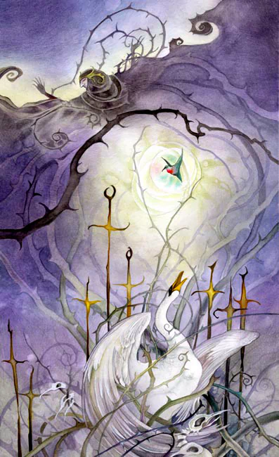 A watercolor illustration of tarot cards featuring a swan amidst sword-like elements, surrounded by dark, swirling branches and ethereal light, creating a mystical atmosphere.