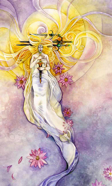 A watercolor illustration of a figure adorned with flowers, holding a sword, set against a radiant background, reflecting themes commonly found in tarot art.