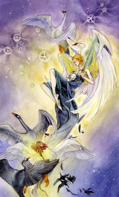 An ethereal angel surrounded by swans and other birds, illustrated in vibrant watercolor, embodies a tarot theme with mystical elements and a dreamy, cosmic background.