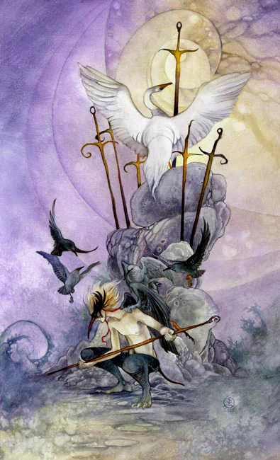 An artistic watercolor depicting a figure holding a spear, surrounded by birds and swords, set against a mystical purple backdrop, echoing themes of tarot.
