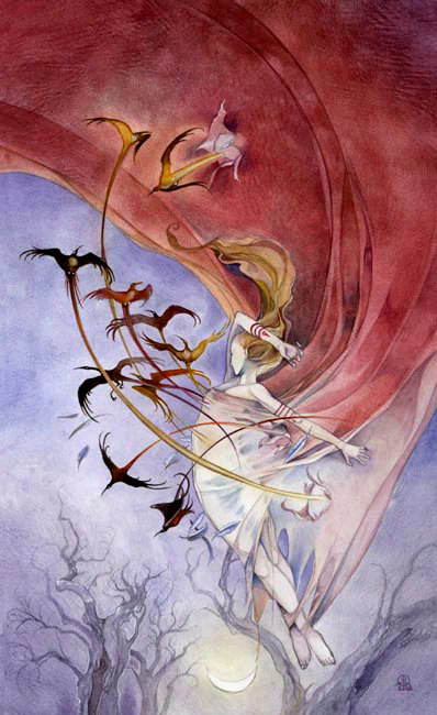 A whimsical watercolor illustration of a figure in flowing garments, surrounded by swirling tarot cards and birds, set against a dreamy, ethereal background.