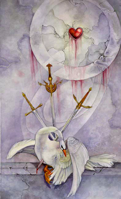 A graceful swan is depicted in an artistic watercolor style, surrounded by tarot swords and a dripping heart, conveying a sense of mystical emotion and symbolism.