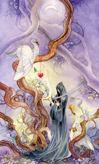 A mystical watercolor illustration of tarot cards, featuring a cloaked figure with swords surrounded by swans and intertwining vines, set against a whimsical, dreamlike backdrop.