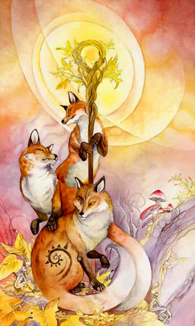 A whimsical watercolor illustration features three foxes intertwined with tarot symbolism, surrounded by mystical foliage and soft, glowing colors.