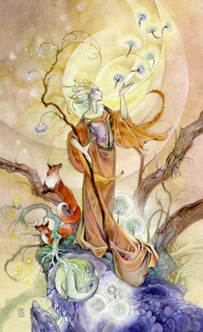 A mystical figure in flowing attire stands amongst dandelions, accompanied by two foxes, surrounded by a dreamy watercolor landscape, embodying themes of tarot and nature.