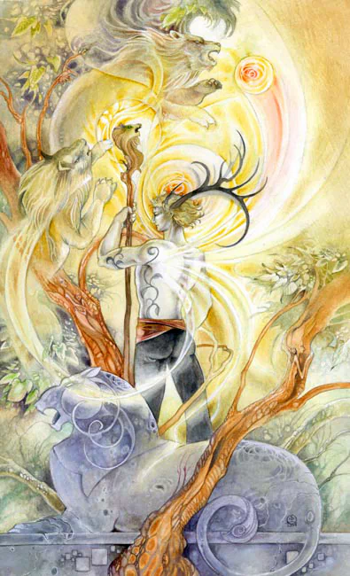 A watercolor illustration of a figure holding a staff, surrounded by mystical creatures and vibrant flora, evoking the themes of tarot and artistry.