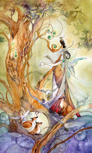 A whimsical watercolor scene features a fox and other animals beneath a mystical tree, surrounded by tarot cards, blending nature and artistry in enchanting hues.