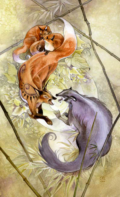 A watercolor illustration featuring three foxes interacting playfully among bamboo, evoking a mystical tarot theme with artistic flair.