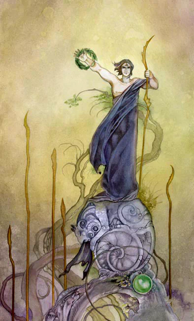 A watercolor illustration of a figure standing atop a decorated stone, holding a green orb aloft, surrounded by swirling vines and abstract shapes. Tarot card themes are subtly woven throughout.