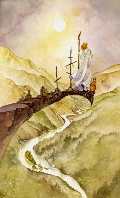 An artistic watercolor depiction of a figure standing on a bridge, overlooking a flowing river and mountains, evoking themes from tarot symbolism.