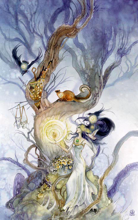 A whimsical watercolor scene featuring a mystical tree, adorned with figures, a cat, and birds, evoking a sense of enchantment and nature's harmony.