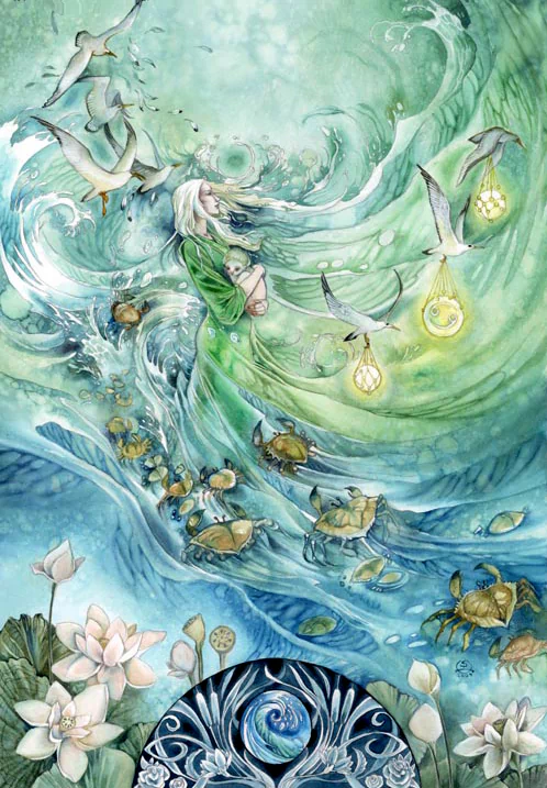 A mesmerizing watercolor depiction of zodiac elements, featuring a serene figure amidst flowing waves, accompanied by birds, turtles, and glowing orbs, surrounded by lotus flowers.