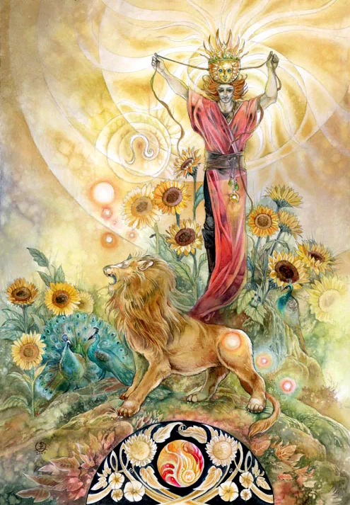 A majestic lion stands beside a regal figure draped in red, surrounded by sunflowers in a vibrant watercolor depiction of the astrological sign Leo.