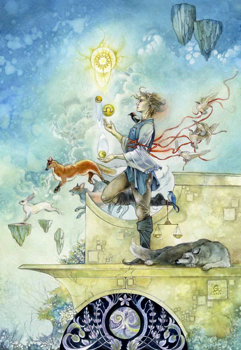 A whimsical watercolor illustration depicting a figure balancing elements of the zodiac, surrounded by animals and floating geometric shapes against a dreamy background.