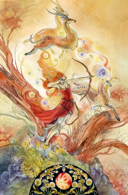 A vibrant watercolor painting depicting a celestial archer with flowing red hair, elegantly poised among deer, embodying themes of the zodiac in a dreamlike landscape.