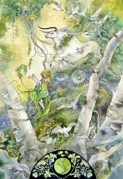 A watercolor illustration depicting a mystical scene with a woman playing a harp, a majestic bull, and doves, surrounded by lush greenery and birch trees, embodying zodiac themes.