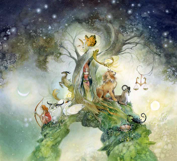 A whimsical watercolor painting depicting a figure surrounded by animals, symbolizing nature and balance, amidst a dreamy, ethereal background of stars and soft colors.