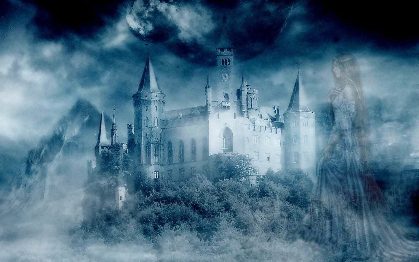 A mystical fantasy scene showcasing a grand castle shrouded in mist, surrounded by dark clouds, evoking an otherworldly atmosphere.