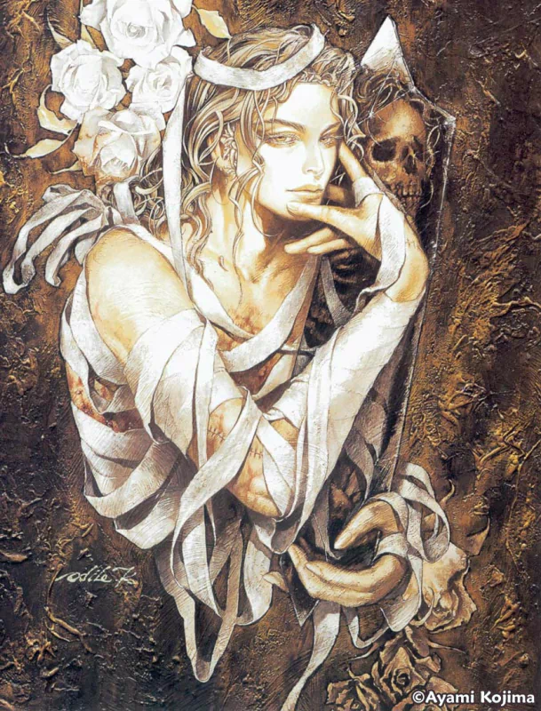 A dark, artistic portrayal of a man with long, flowing hair and a contemplative expression, surrounded by roses and a subtle skull, blending beauty and macabre themes.