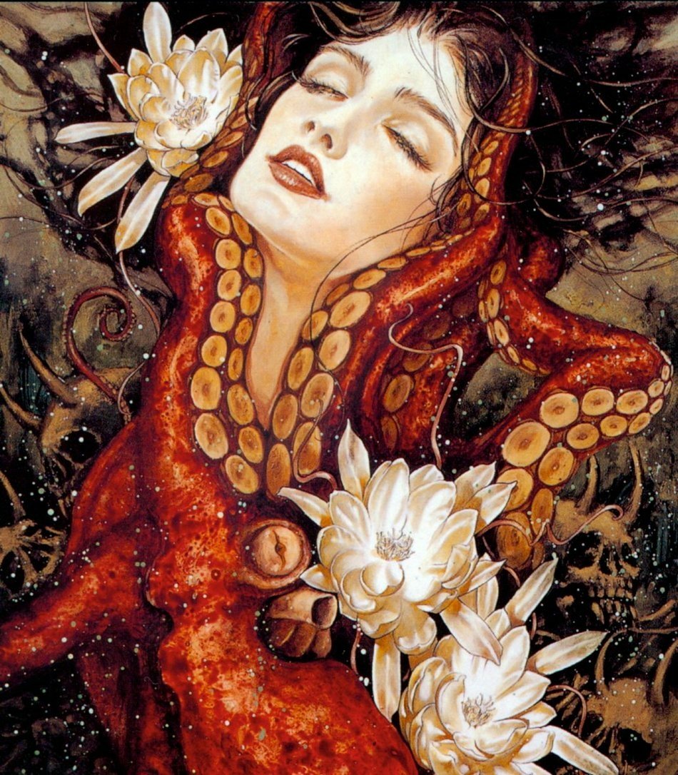 A dark, surreal image of a woman entangled with a large octopus, surrounded by white flowers, blending human and marine elements in an eerie, captivating embrace.
