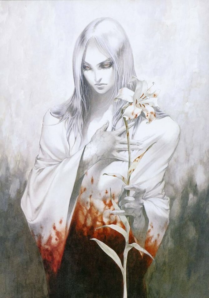 A pale, dark-themed man with long hair and a somber expression holds a white lily, wearing a blood-stained white garment against a muted, shadowy background.
