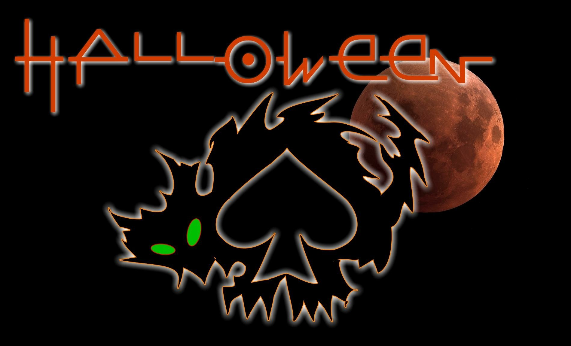 Black Halloween holiday graphic showing a spiky, neon-outlined cat skull with a glowing green eye set against a blood-red moon, HALLOWEEN in orange text above.