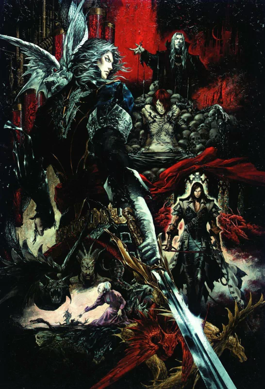 Dark, gothic characters and creatures from the Castlevania video game series, set against a dramatic red and black backdrop.