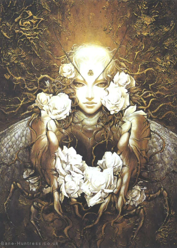 A dark, mystical figure with glowing forehead and outstretched hands holds white roses, entwined with twisted branches and a textured, shadowy background.