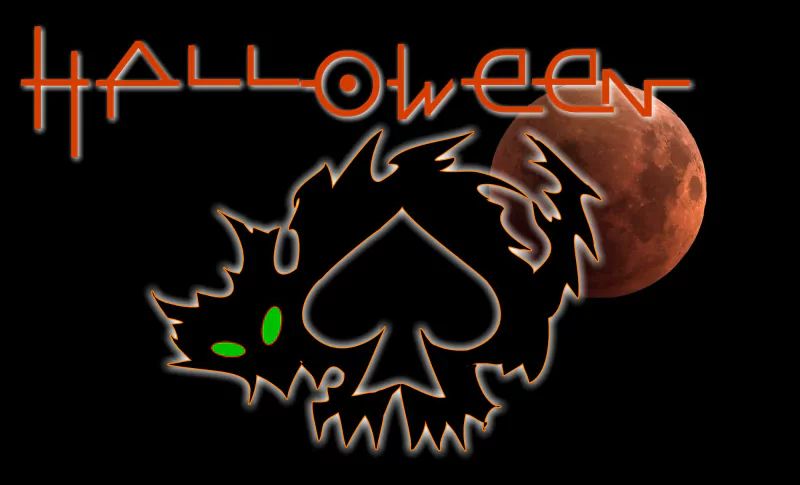 Black Halloween holiday graphic showing a spiky, neon-outlined cat skull with a glowing green eye set against a blood-red moon, HALLOWEEN in orange text above.