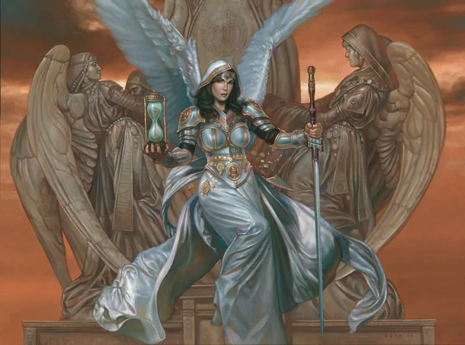 A majestic angel with large wings stands confidently, holding an hourglass, flanked by two statuesque figures. This artwork is inspired by Magic: The Gathering.