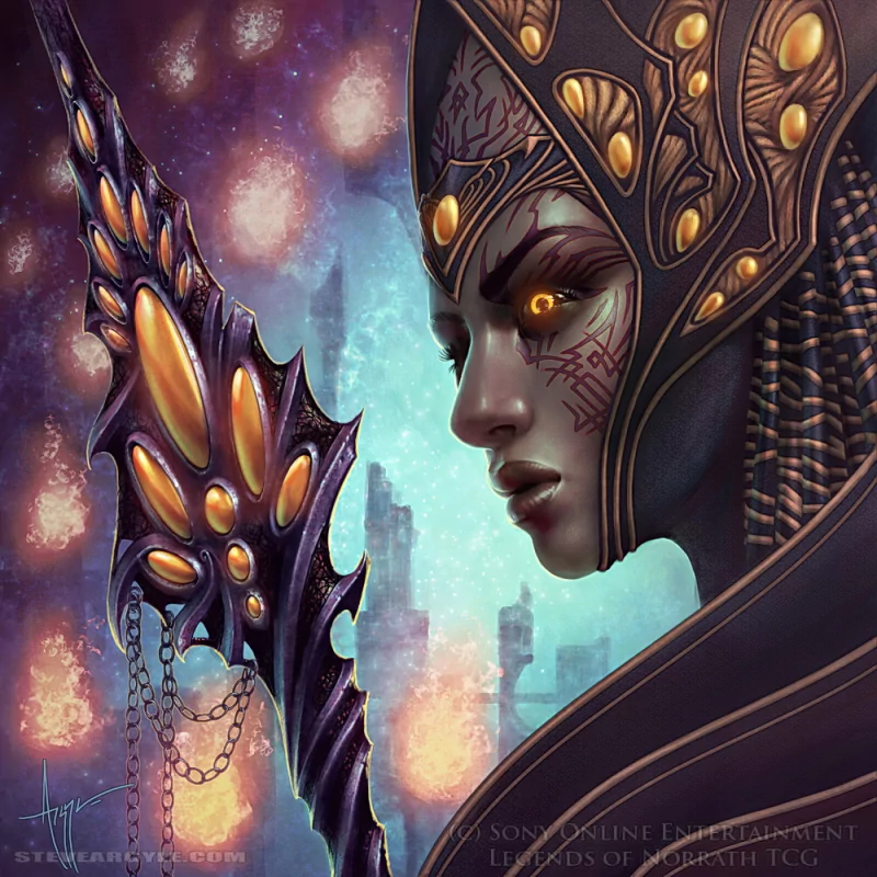 Digital painting of a witch character from the video game Legends of Norrath: Forsworn, featuring detailed facial tattoos and elaborate headgear.