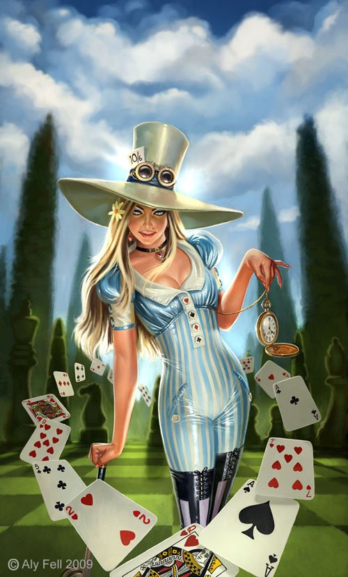 A fantasy scene inspired by Alice in Wonderland features a blonde woman in a blue striped dress and oversized hat holding a pocket watch, surrounded by floating playing cards.
