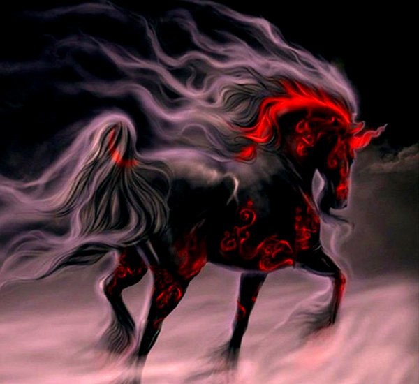 A fantastical unicorn with flowing hair exhibits a striking black and red color scheme, emerging gracefully from a misty, ethereal landscape.