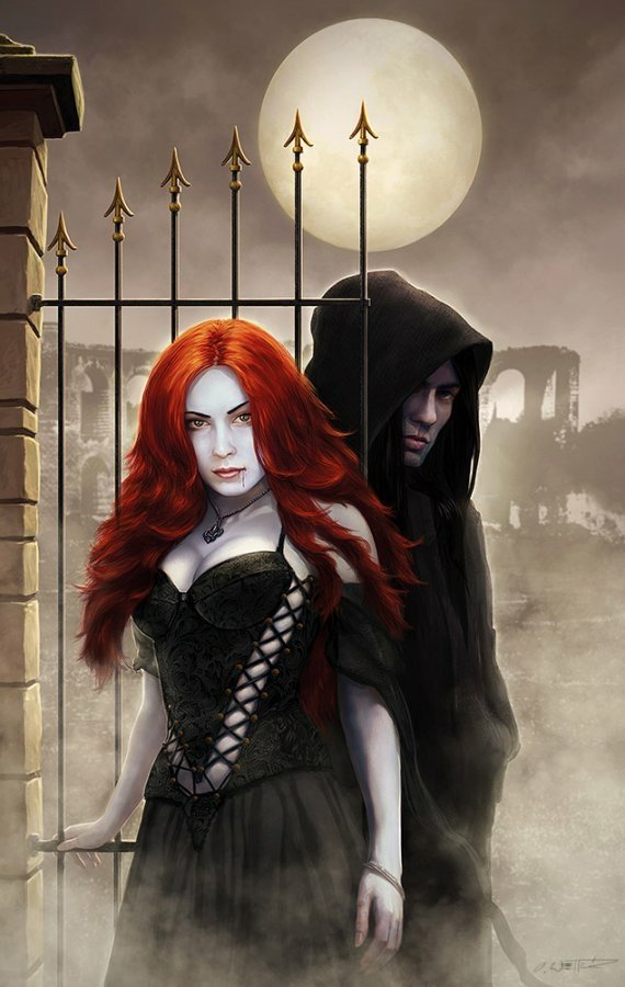 A dark, eerie scene featuring a pale vampire woman with fiery red hair and a hooded figure standing against a misty graveyard backdrop under a full moon.