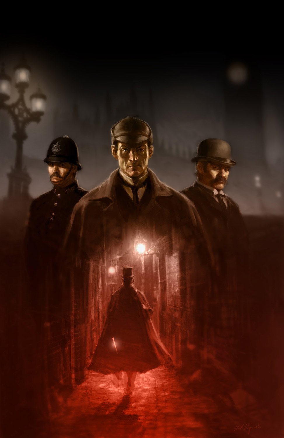 Dark Victorian street scene with shadowed figures and a cloaked silhouette in a red-lit alley, evoking Jack the Ripper atmosphere.