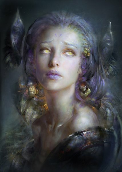 A fantasy woman with glowing eyes and ethereal purple hair, adorned with intricate metallic and feathered accessories, gazes upward in a mystical, shadowy atmosphere.