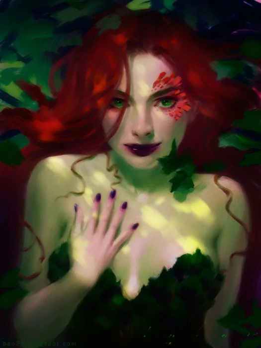 A captivating illustration of Poison Ivy from DC Comics, featuring her with vibrant red hair and green foliage, embodying the essence of nature and mystique.
