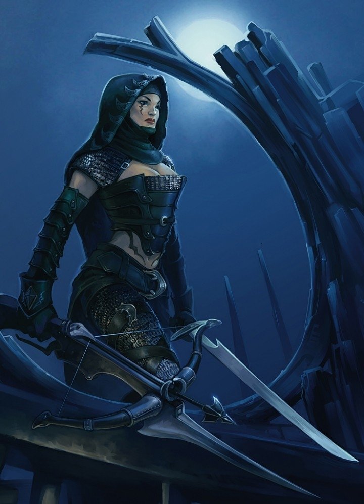 Hooded fantasy woman in dark leather armor kneels on ruins beneath a full moon, gripping a crossbow and curved blade.