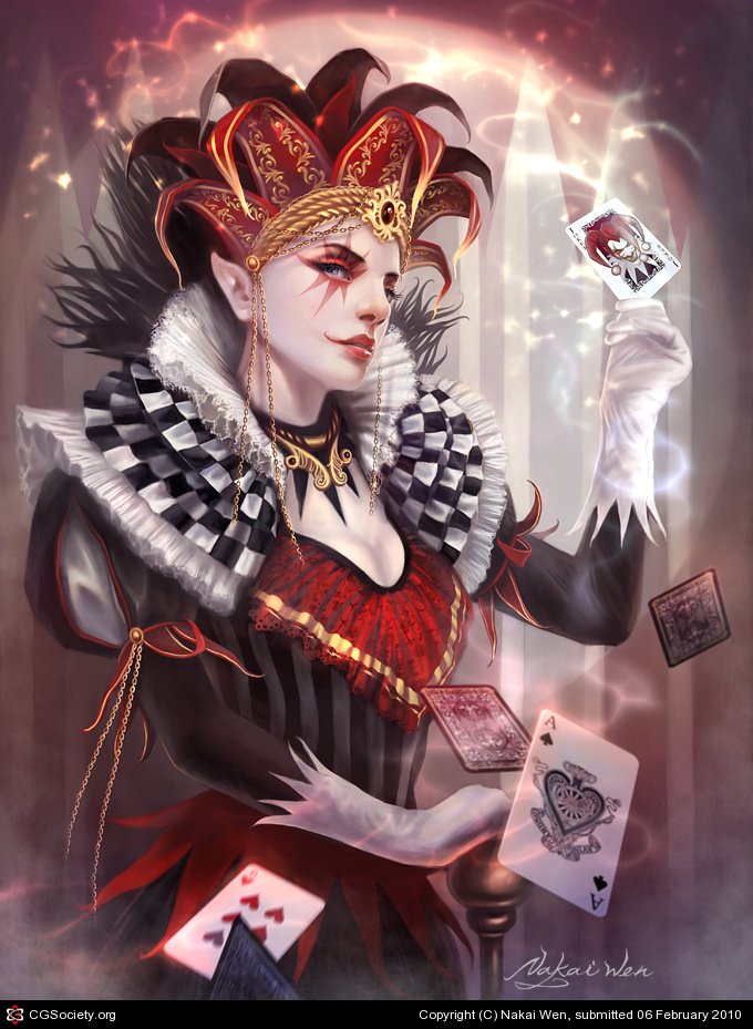A fantasy-themed woman dressed as an ornate jester, with elaborate red, black, and gold attire, holds playing cards that float around her in a mystical atmosphere.