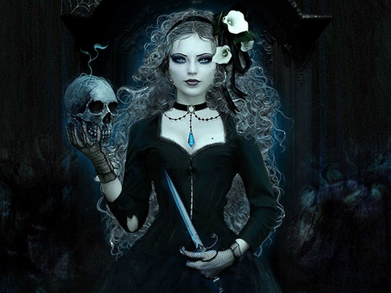 Fantasy woman in a gothic black gown, pale with cascading curls, holding a skull and a dagger, a blue pendant at her throat and a white calla in her hair against a moonlit crypt.