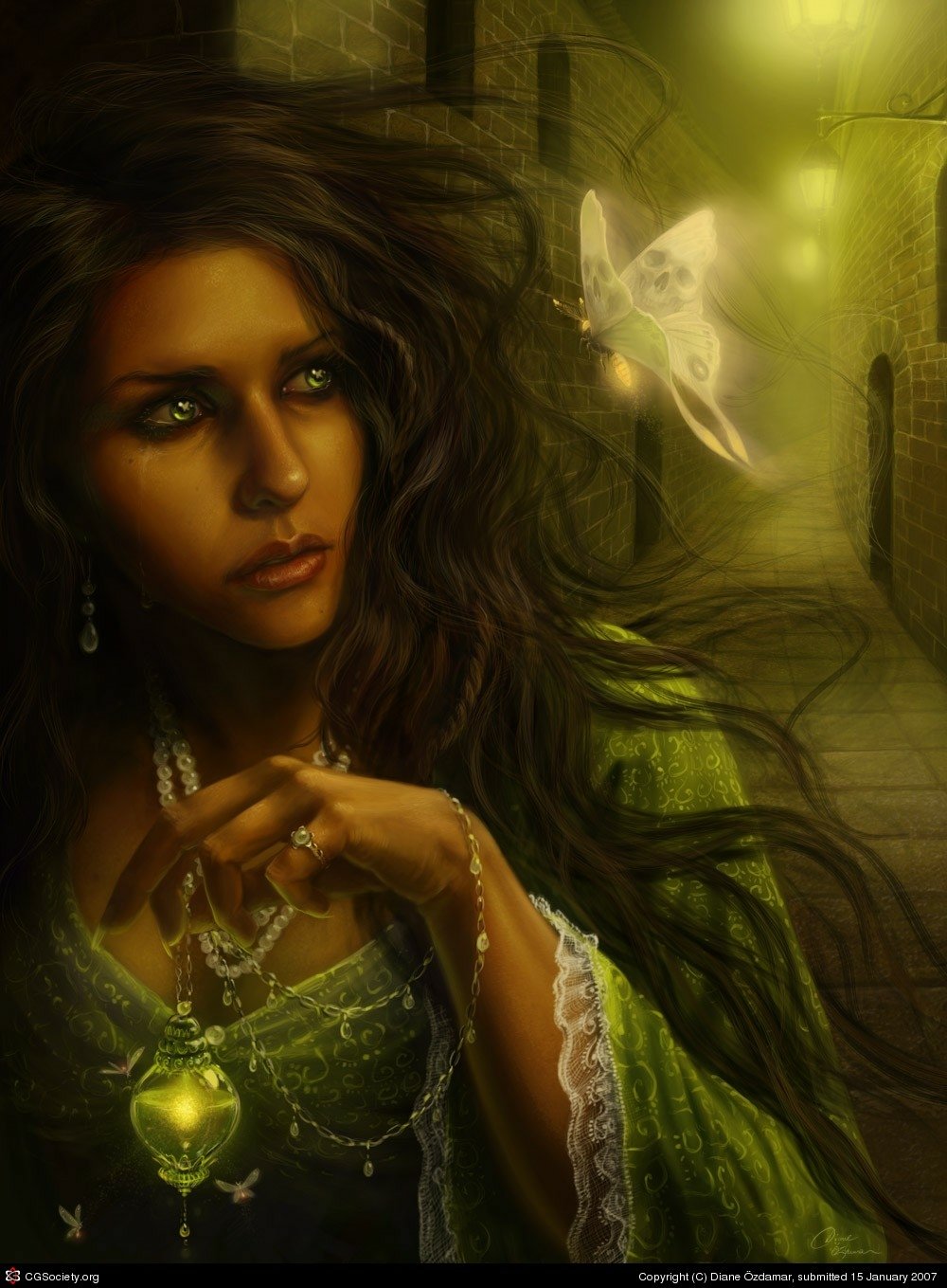 A fantasy scene featuring a woman with flowing dark hair holding a glowing green pendant in a dim, mystical alley illuminated by a ghostly, glowing moth.