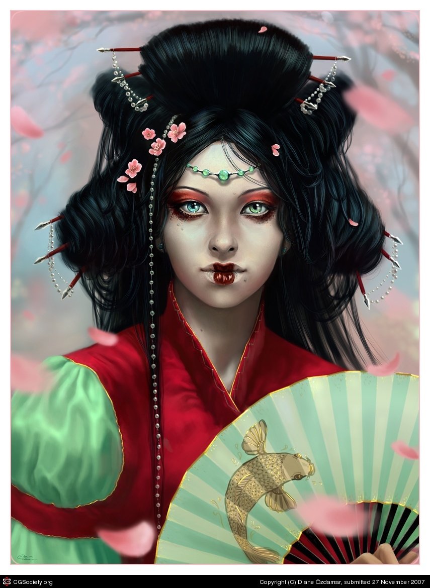 An ornate fantasy woman with pale skin and red eyes, hair piled with pins and blossoms, wearing ruby robes and holding a koi-decorated fan as cherry petals swirl around her.